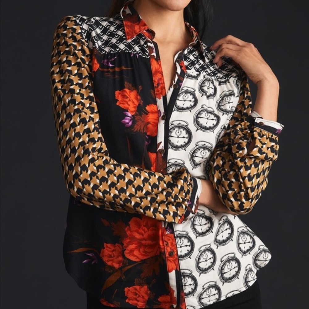 Maeve by Anthropologie The Paz Button Down Shirt Mix Print Novelty X-Small - Picture 8 of 11